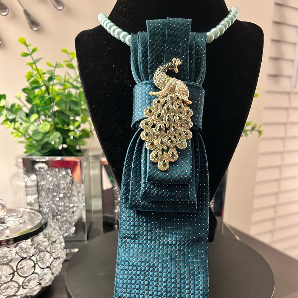 Teal Women’s Bow Tie Scarf with Gold Peacock Brooch